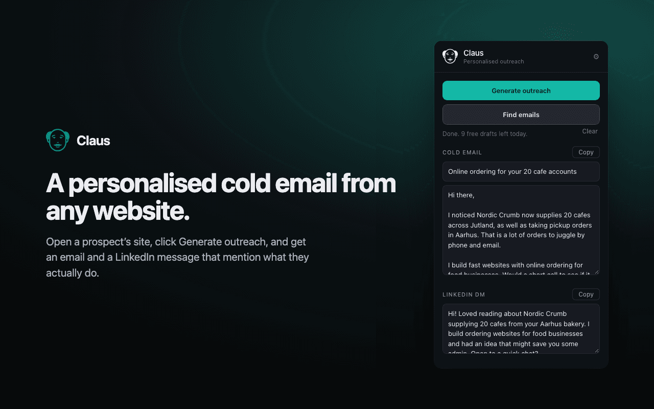 Claus open beside a website, showing a cold email and LinkedIn message it wrote