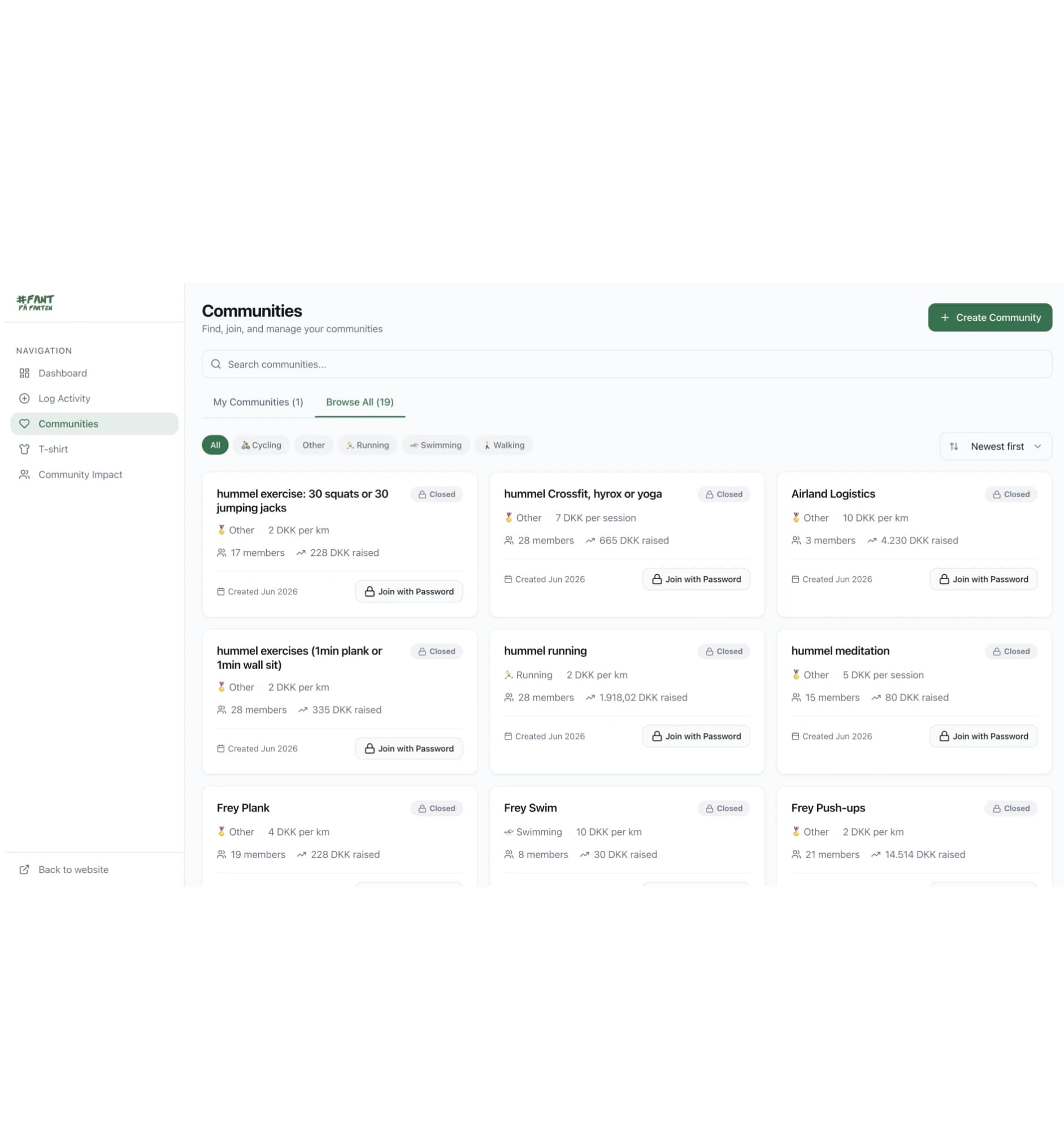 Communities page listing activity communities with their rate, member count and amount raised