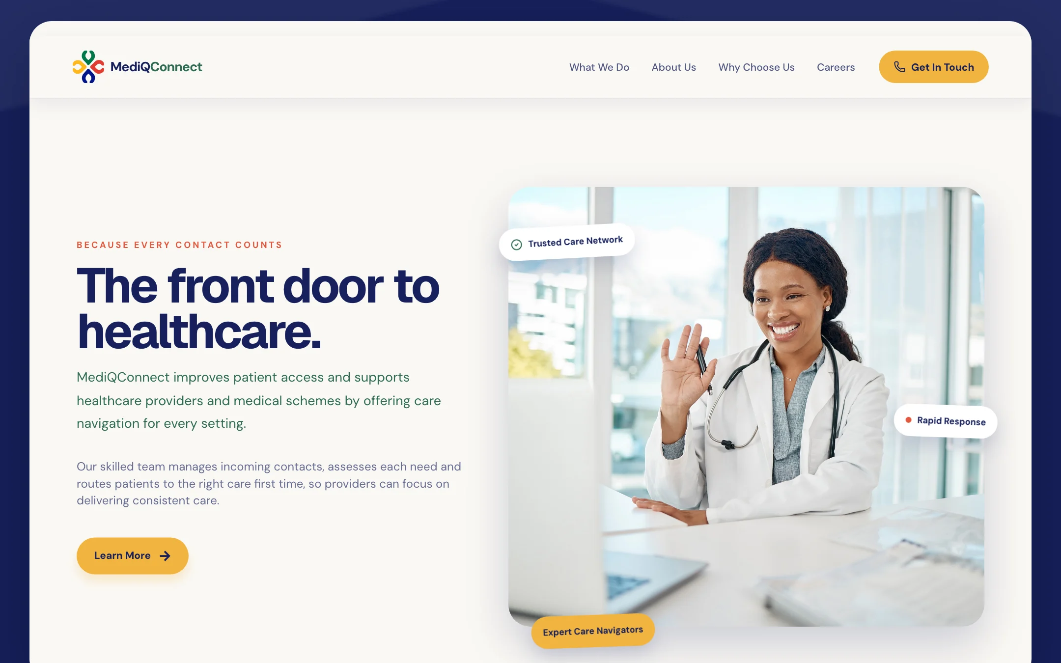 MediQConnect homepage: “The front door to healthcare.” beside a smiling clinician waving at her screen