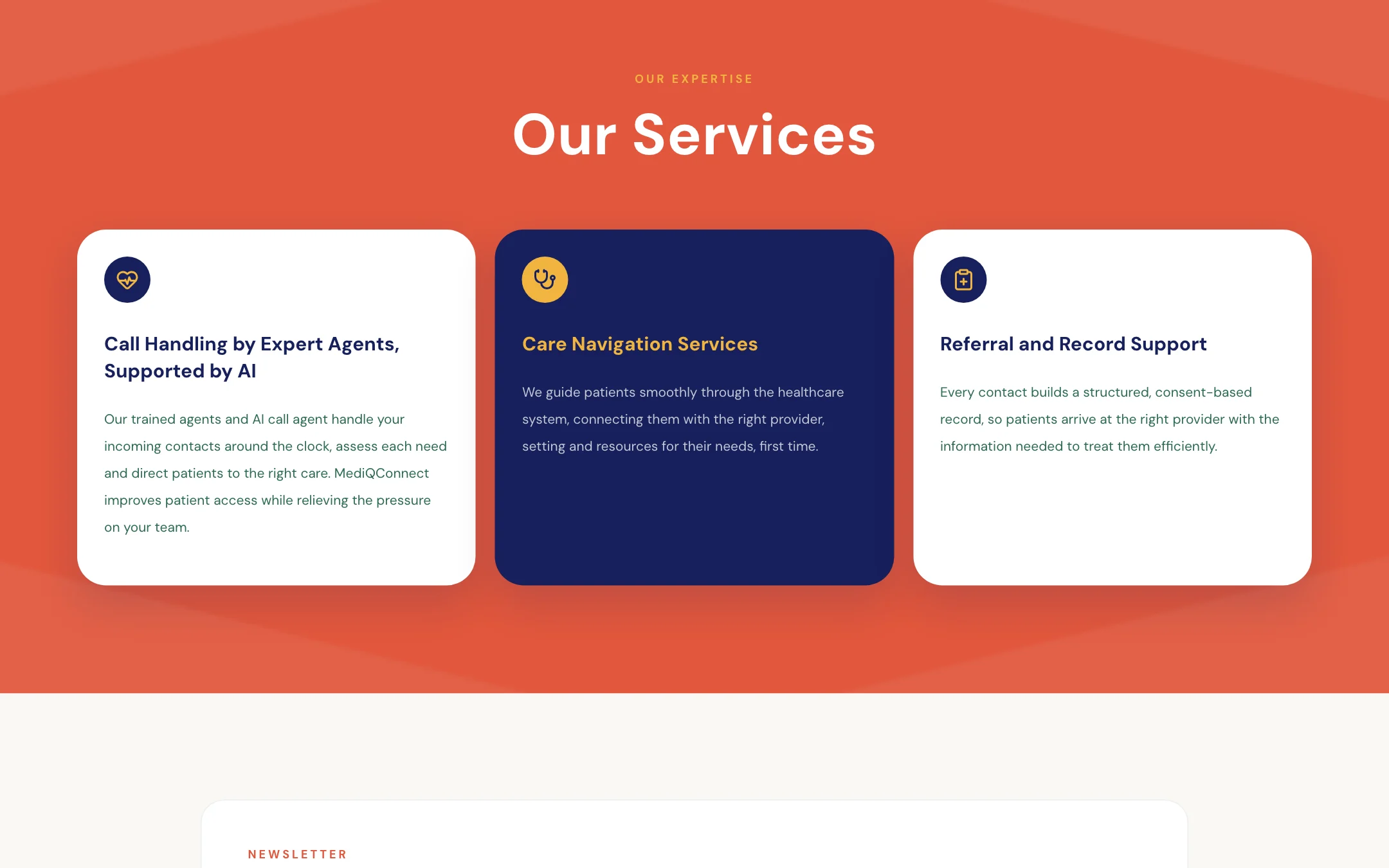 Our Services section with three cards: call handling supported by AI, care navigation, and referral and record support