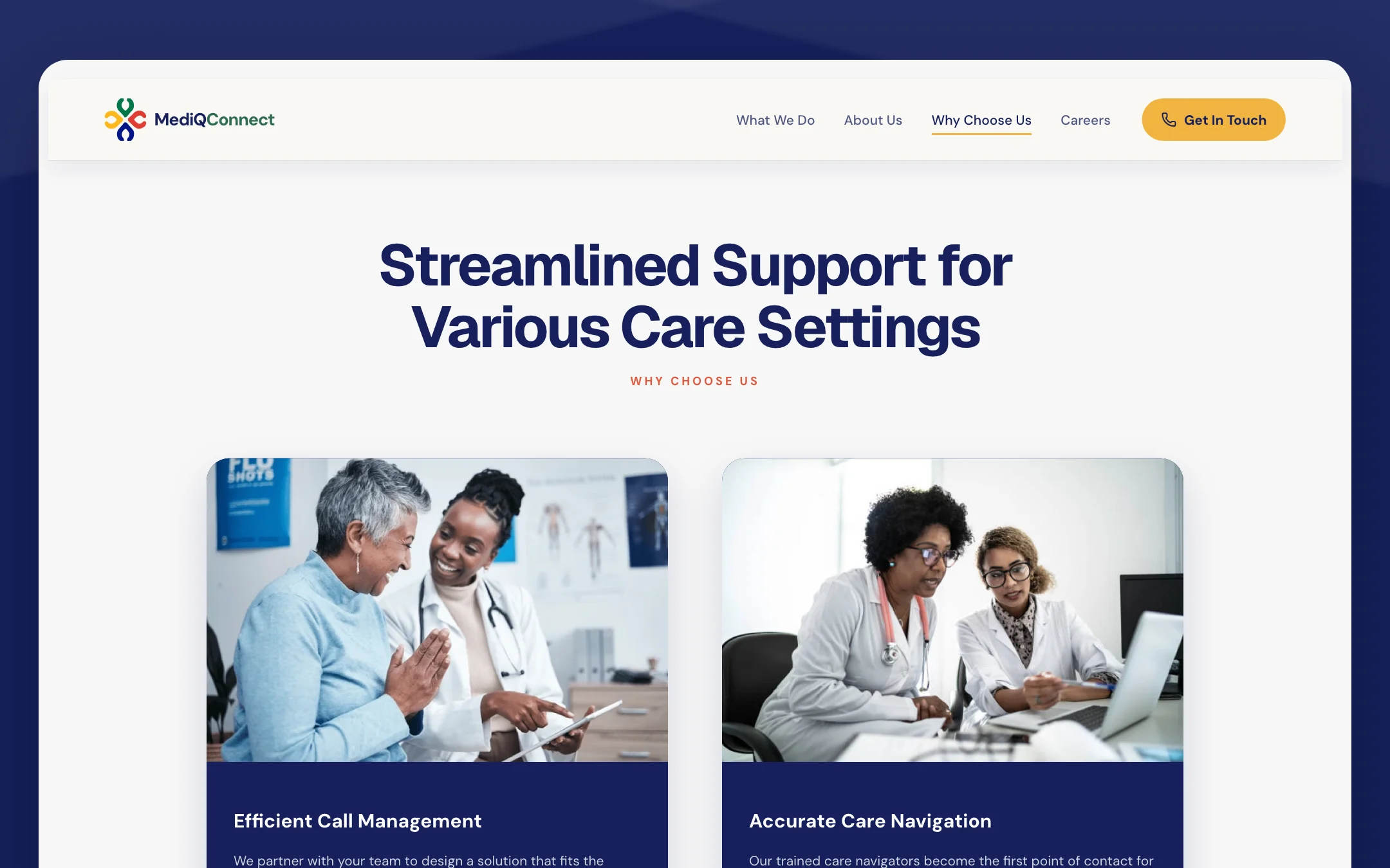 Why Choose Us page: “Streamlined Support for Various Care Settings” above two photo cards