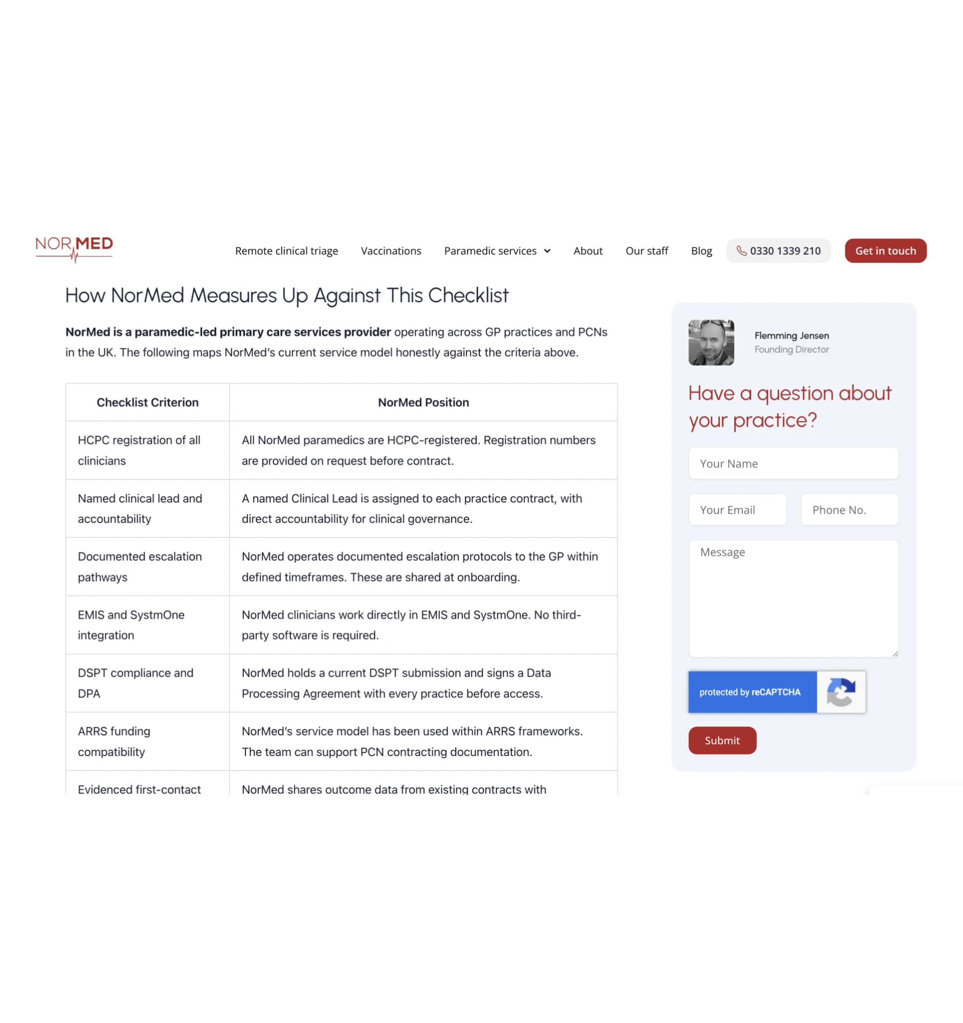 Comparison table showing how NorMed measures up against a triage provider checklist