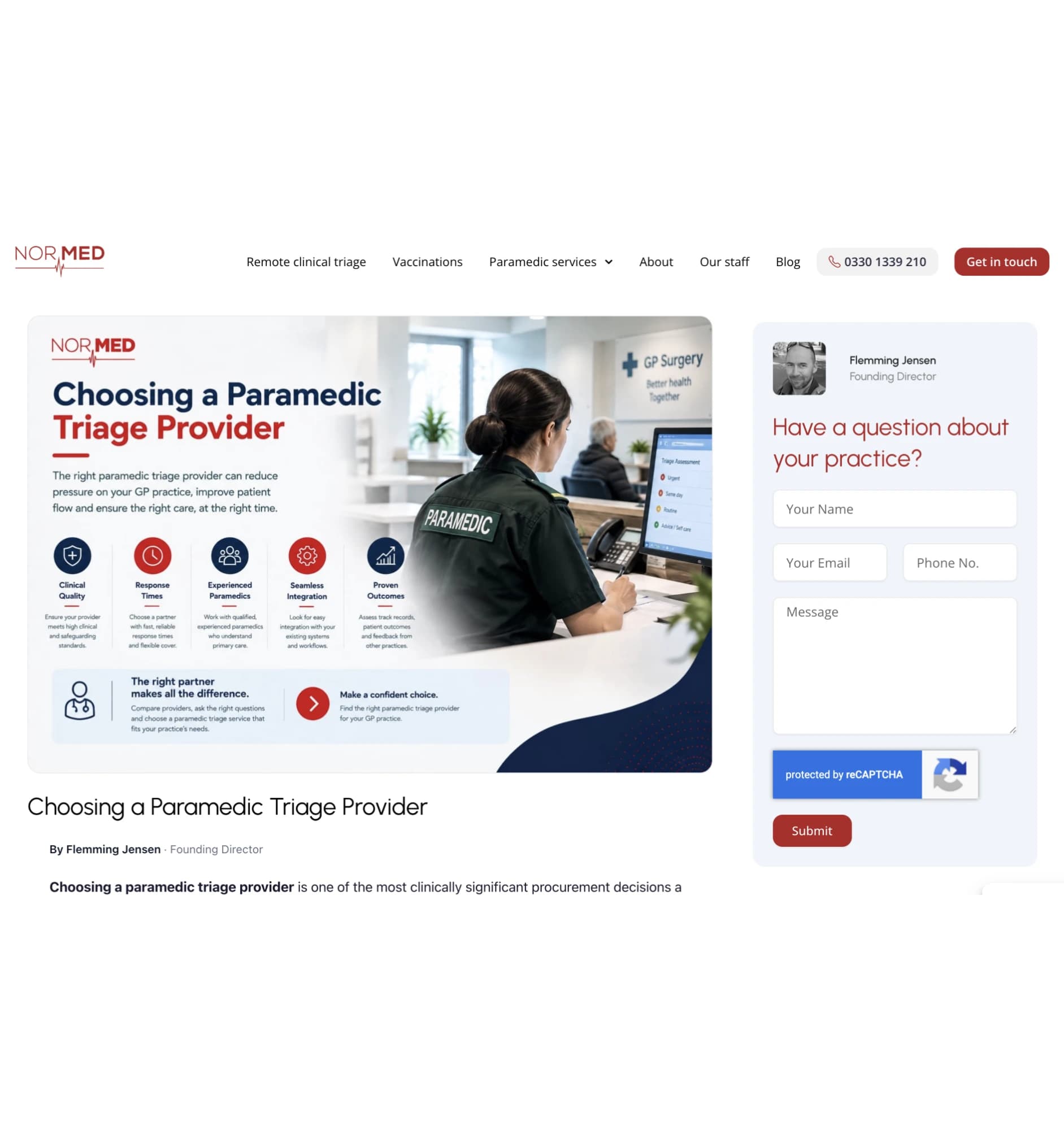 NorMed article “Choosing a Paramedic Triage Provider” with its infographic header and an enquiry form beside it