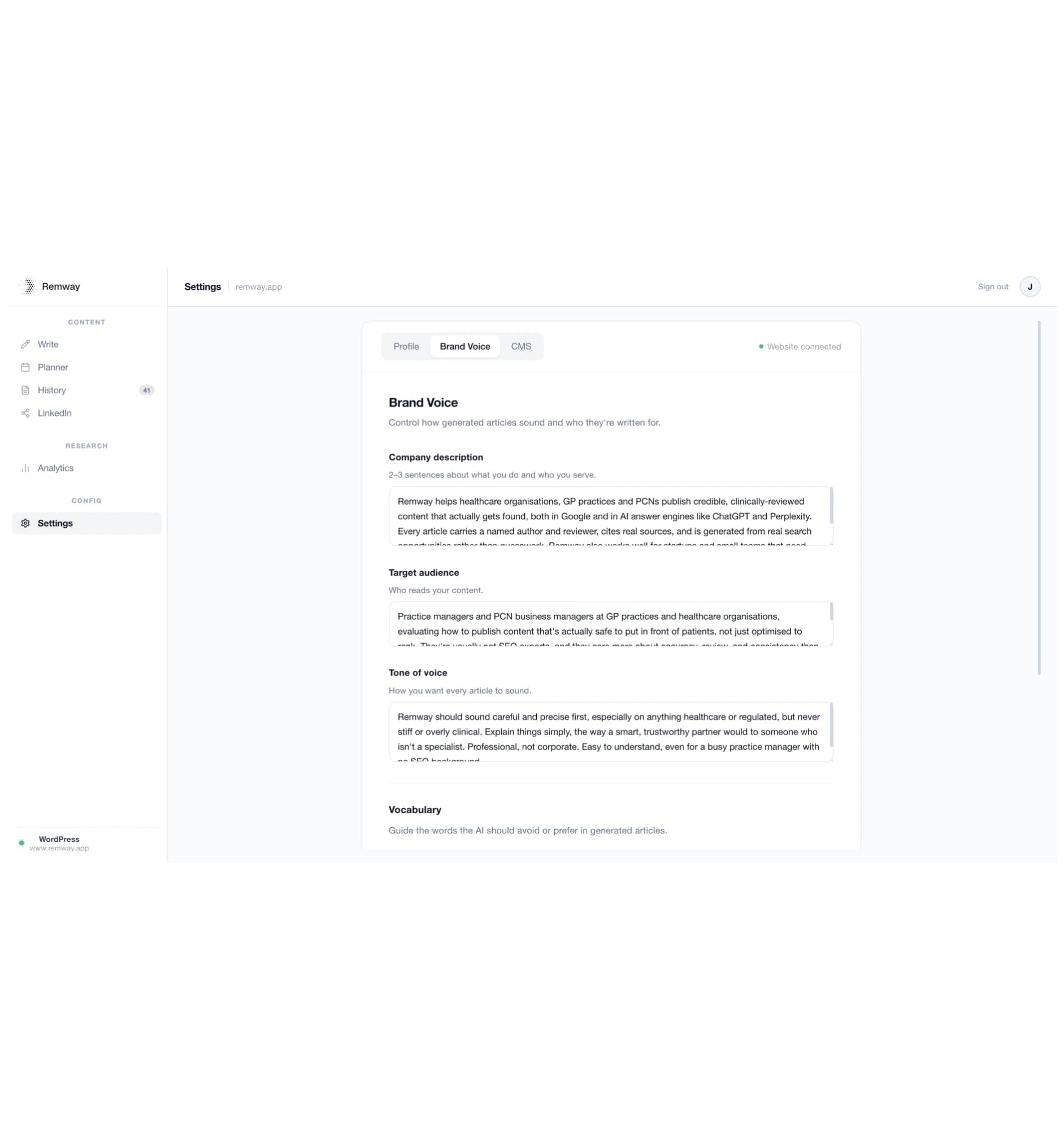 Brand Voice settings with company description, target audience and tone of voice