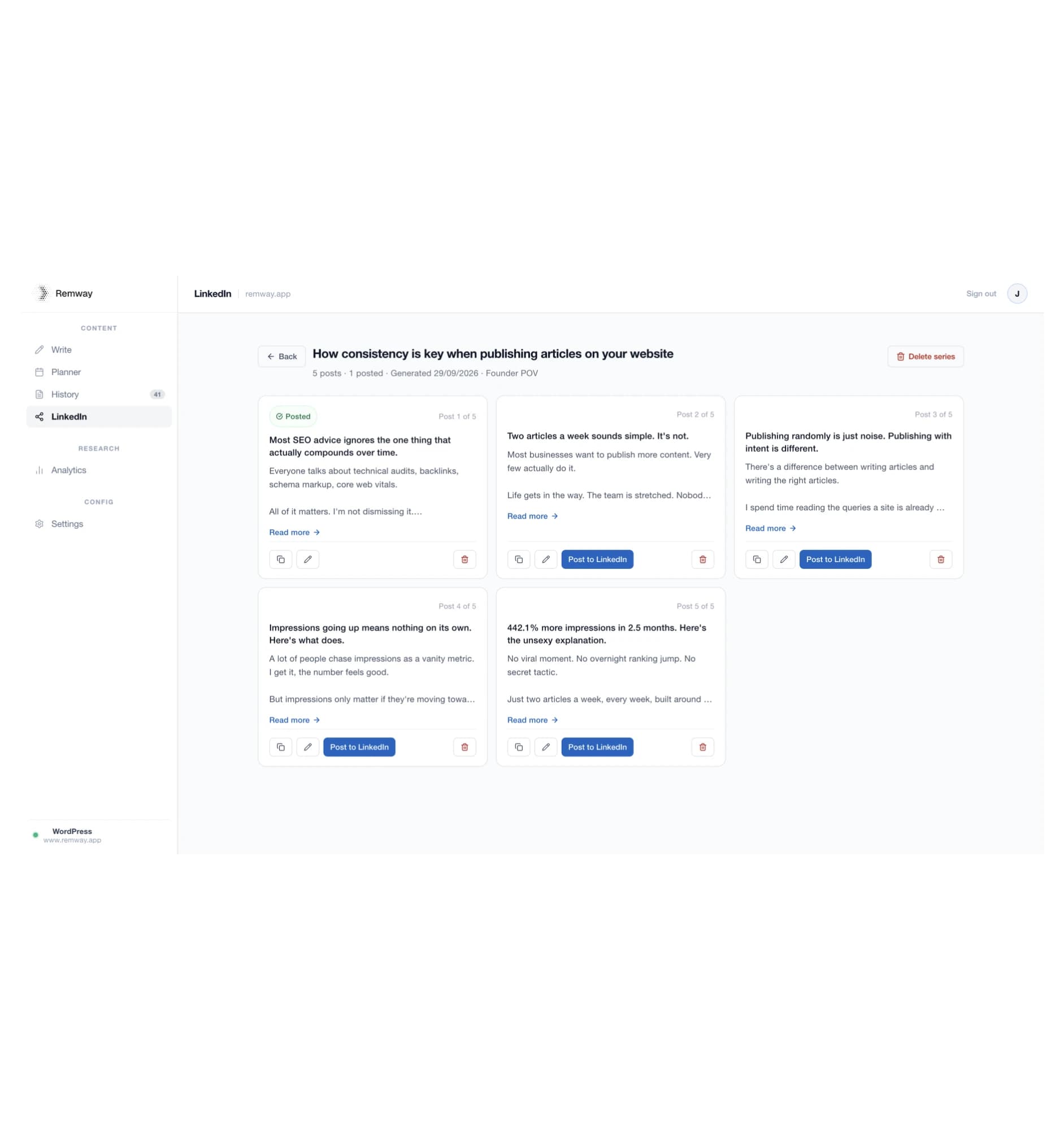 LinkedIn series of five founder-POV posts on publishing consistency, one marked as posted