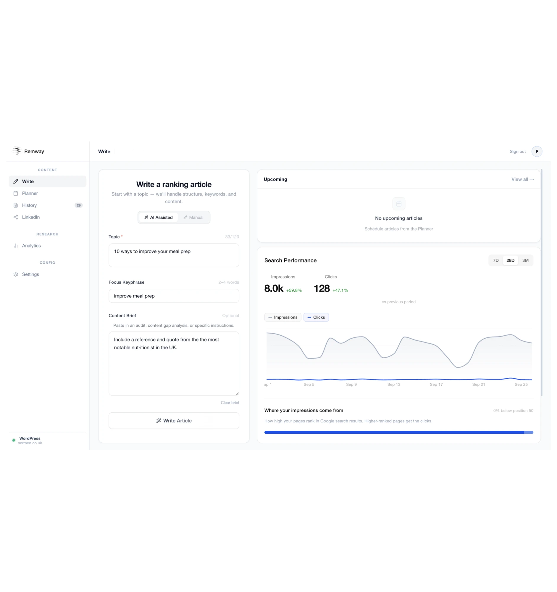 Remway’s Write screen: an article brief form beside a Search Console performance chart
