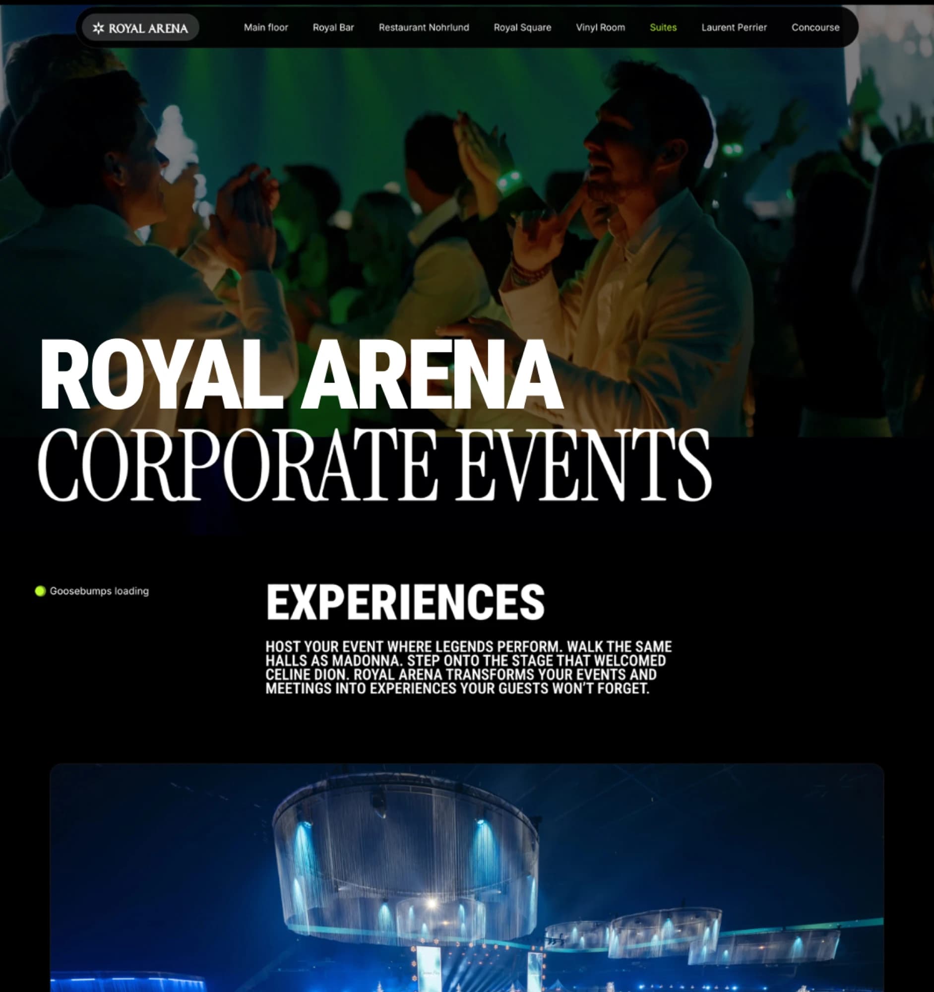 Royal Arena Corporate Events homepage: a large headline over guests dancing under green stage light