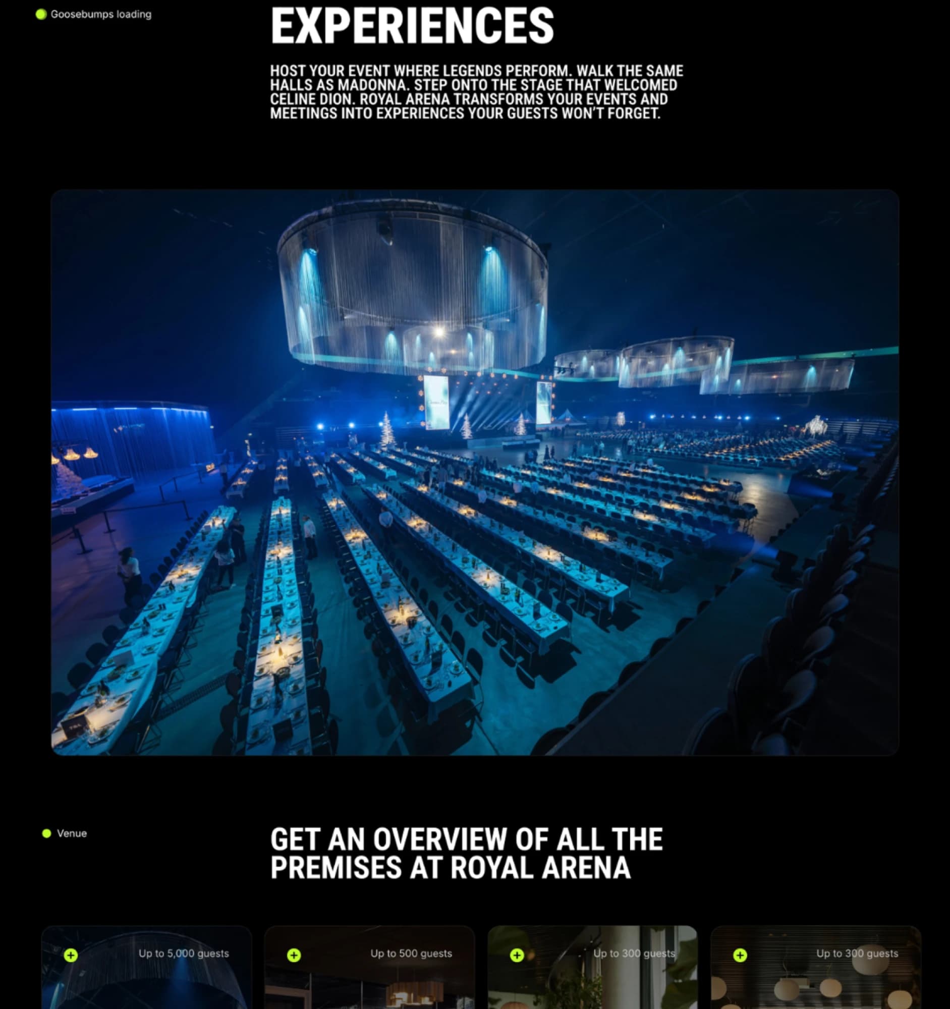 Experiences section with a photo of the arena set up for a gala dinner
