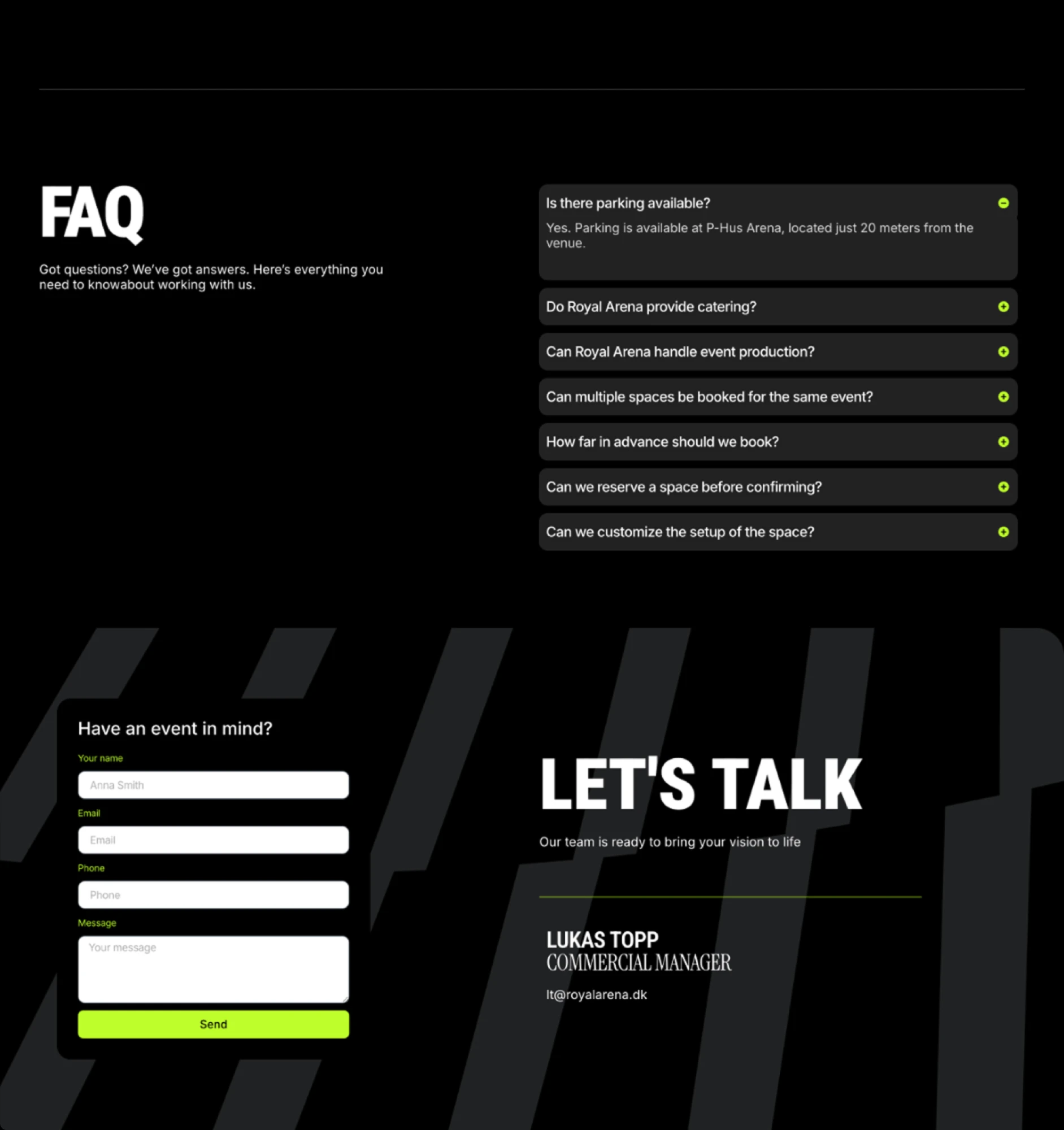 FAQ section and the “Let’s talk” enquiry form with the commercial manager’s contact details