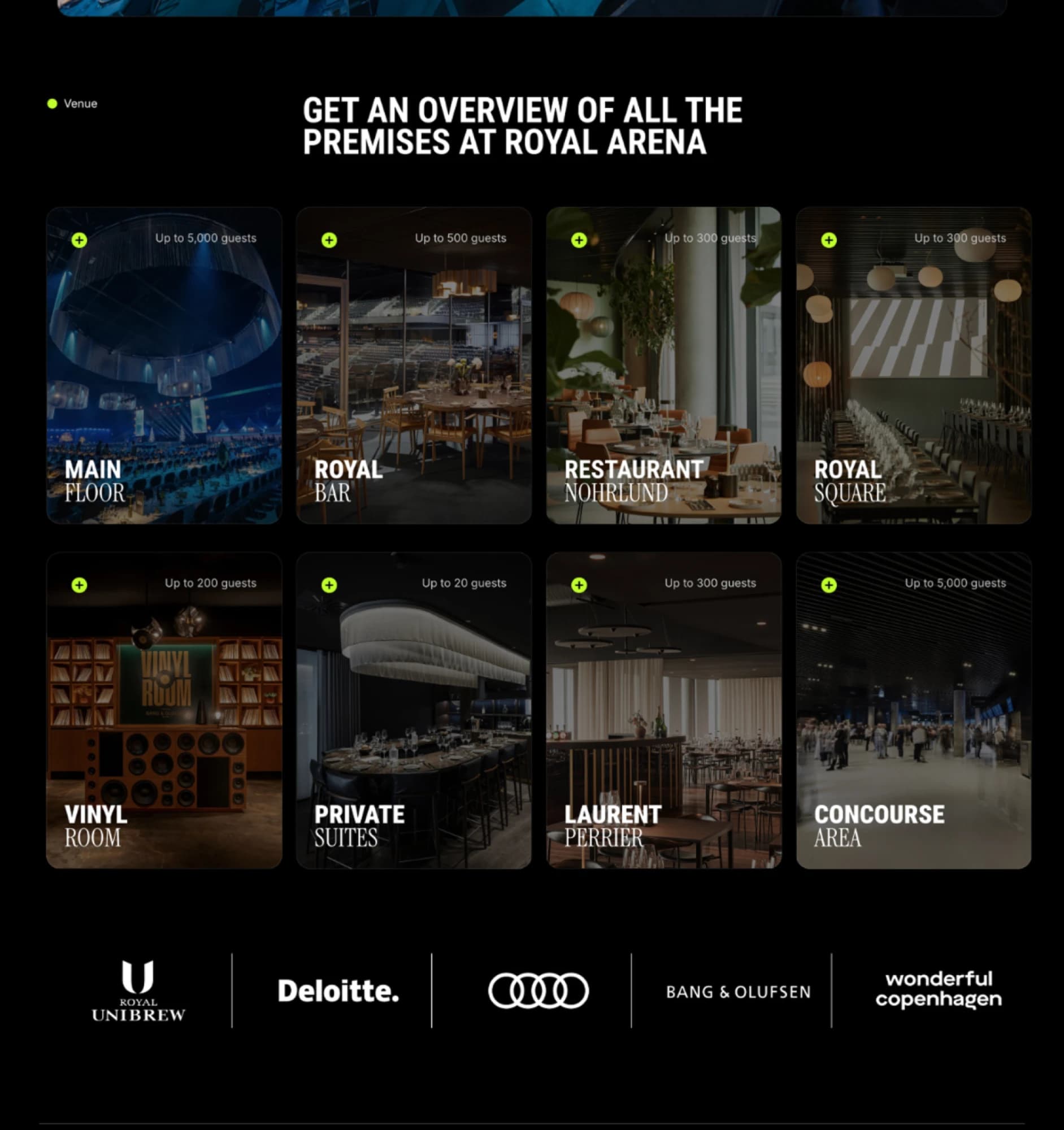 Grid of eight venue cards, each showing its guest capacity, above a row of partner logos